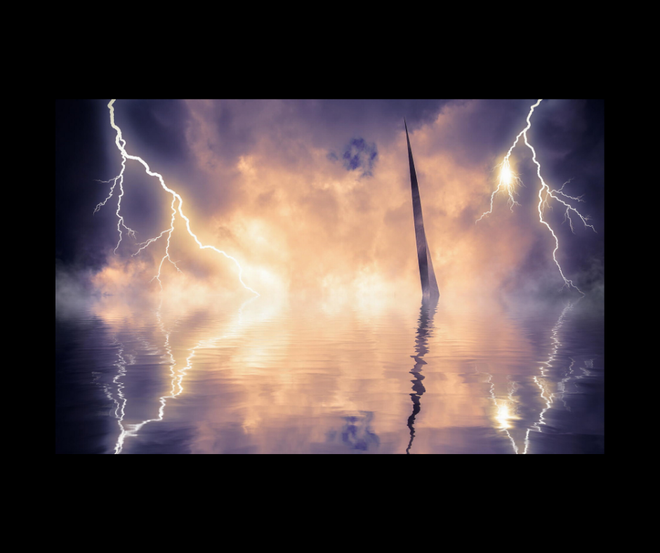 Purple and orange color over water with lightning strikes hitting the water showing how a migraine can hit someone.