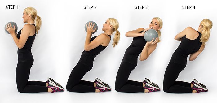 A woman on her knees leaning backward with a weighted fitness ball and twisting right and left.